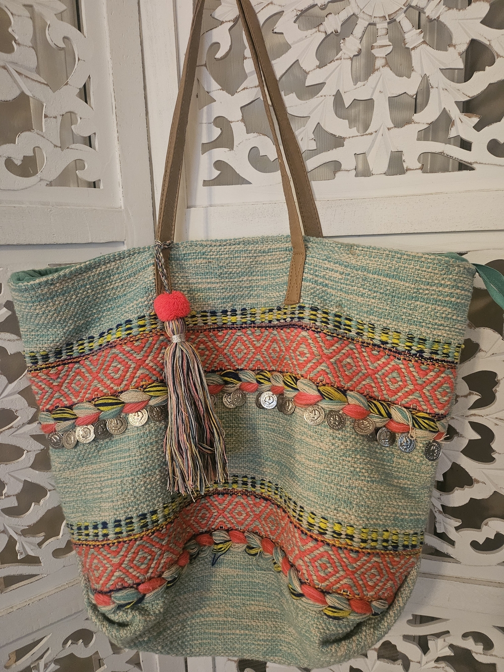 Boho Woven Tote Bag with Tassel Pom Pom - Mint and Coral